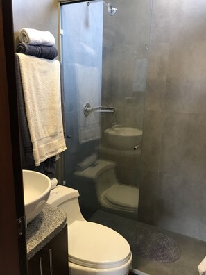 Dusche, Haartrockner, Handtücher, Seife
