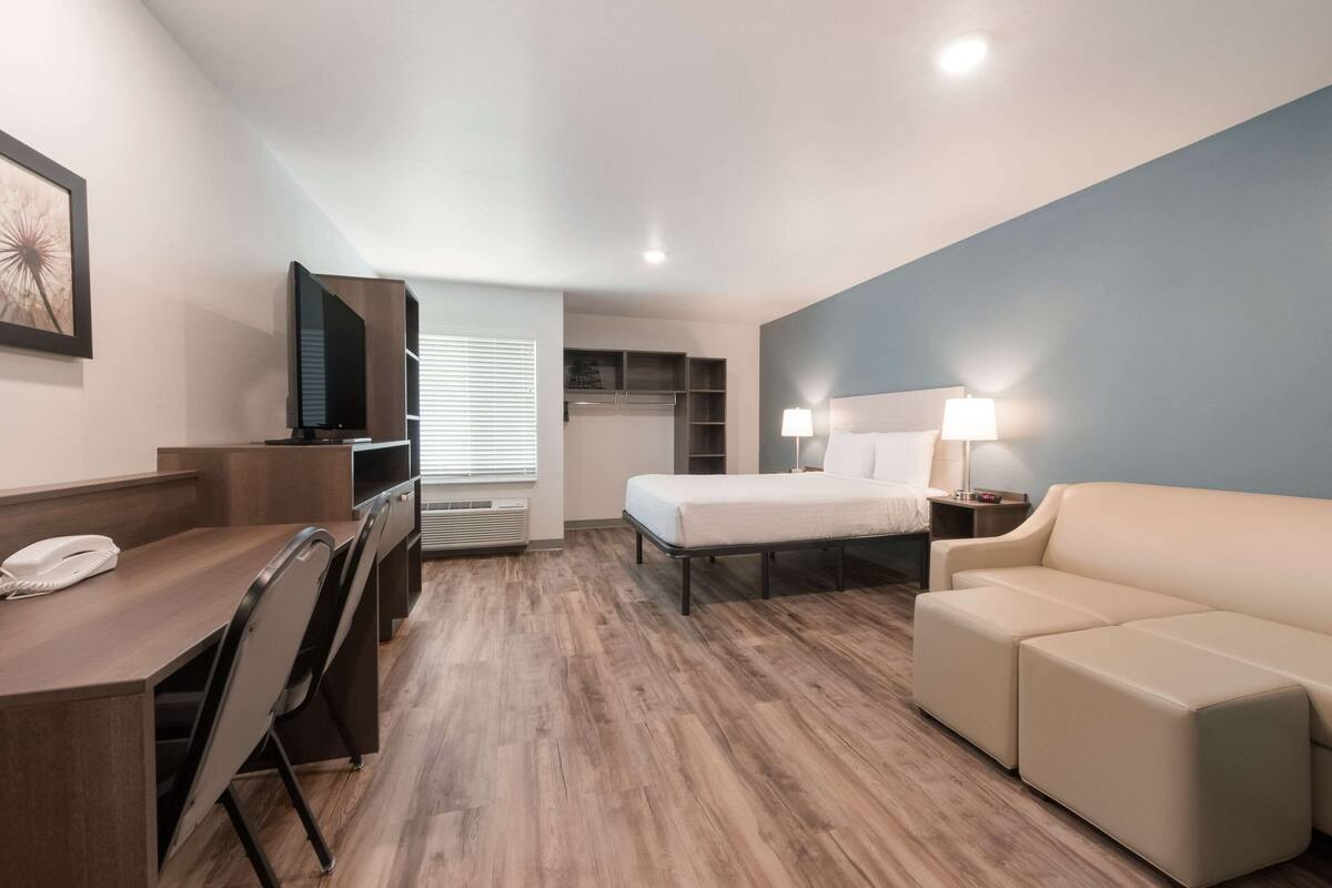 A hotel room with a desk, chair, bed, and a sofa.