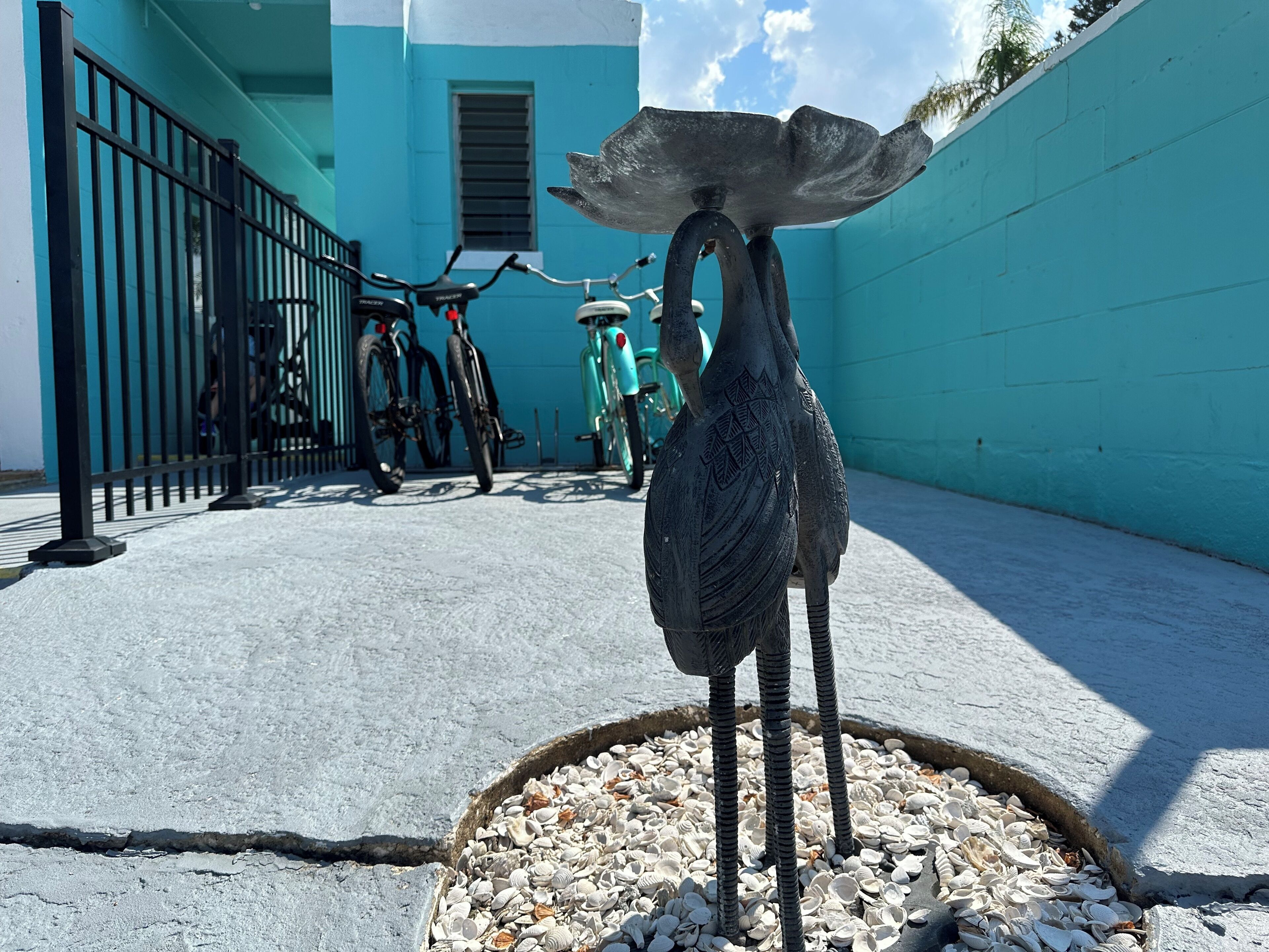 Eine Vogelstatue in einem Blumentopf, Fahrräder, die an einer türkisblauen Wand lehnen, und ein Betonboden.