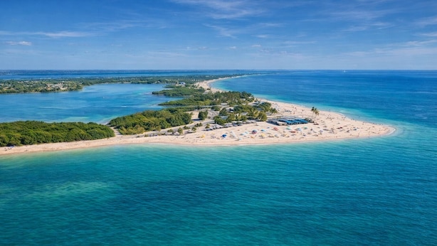 An aerial view of a tropical island with clear turquoise waters, a sandy beach, and lush greenery. - Coastal Luxury - Walk to Beach - Heated Pool (Tarpon Springs)