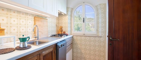 Fridge, stovetop, dishwasher, coffee/tea maker