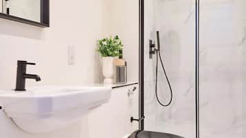 Designer toiletries, hair dryer, towels
