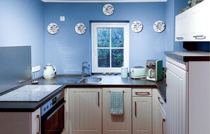Fridge, stovetop, dishwasher, coffee/tea maker