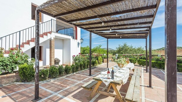 Een terras met een eettafel, een pergola en een trap naar een wit gebouw.