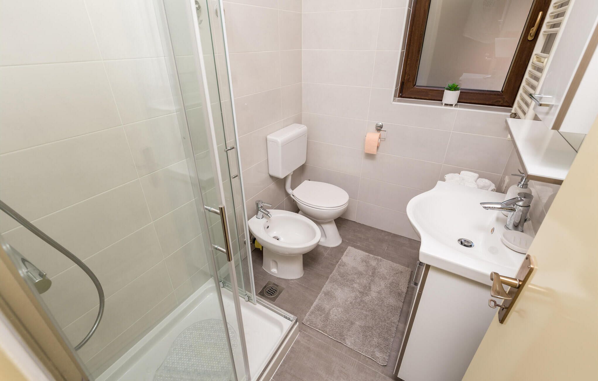 Een kleine badkamer met een douchecabine van glas, een toilet en een wastafel.