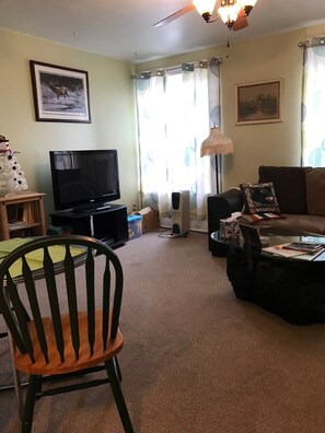 A living room with a television, a sofa, a coffee table, and a chair. - Historic Building! Wonderful Main Street Apt! (Cañon City)
