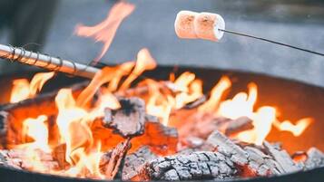 A close-up of a campfire with two marshmallows roasting on a stick.