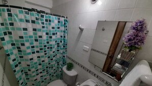 Une salle de bain équipée d’un rideau de douche, de toilettes, d’un lavabo et d’un miroir.