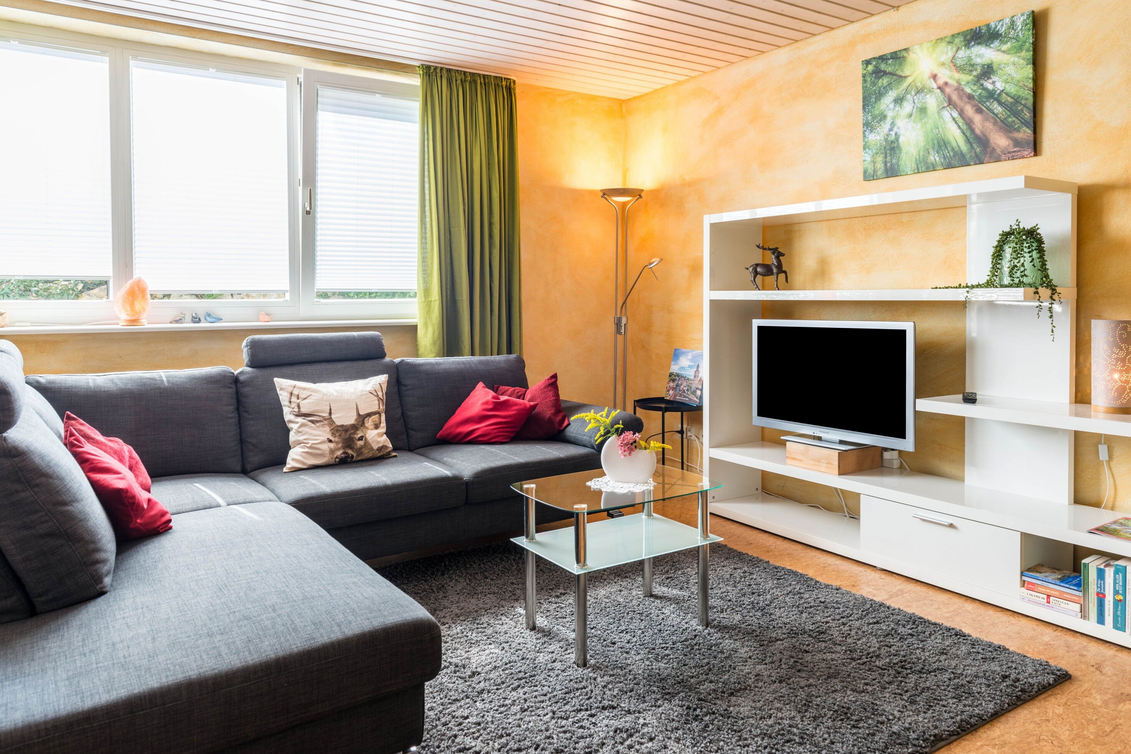 Ein modernes Wohnzimmer mit einem grauen Sofa, einem Glastisch, einem Flachbildfernseher und einem Bücherregal.