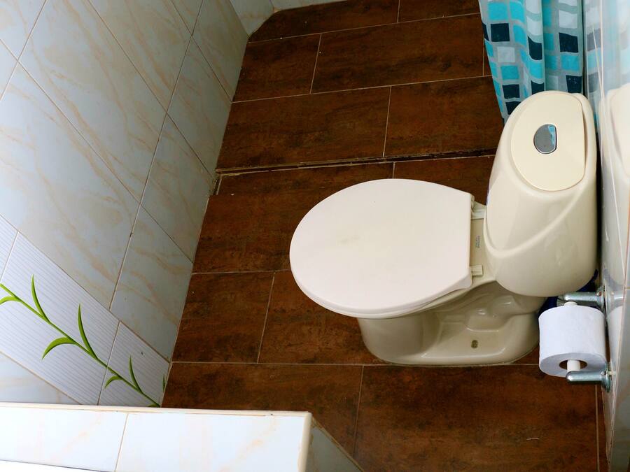 Un baño con inodoro, cortina de ducha y lavamanos.