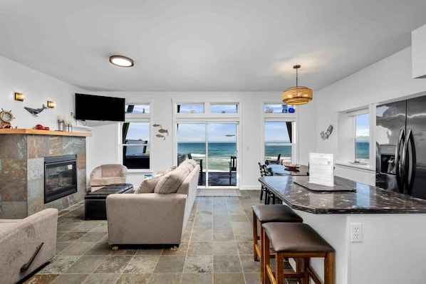 Smart TV, fireplace - Boundless Ocean Views From Home and Hot Tub, Pet Friendly, Private Deck, Fireplace, Steps to Beach (Depoe Bay)