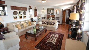 Una sala de estar con dos sofás, una mesa de centro y un tapete estampado.