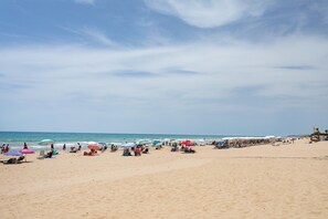 Une plage bordée de rangées de chaises longues et de parasols, un ciel dégagé et l’océan en toile de fond.