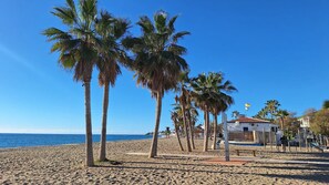 A beach with palm trees, a building with a red roof, and a flag.