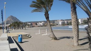 Une plage bordée de palmiers, une montagne en arrière-plan et des bâtiments le long du littoral.