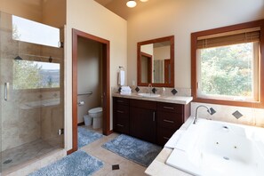 Combined shower/tub, hair dryer, towels
