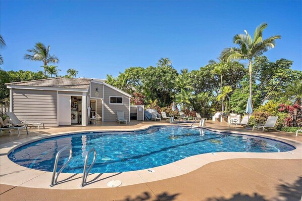 A swimming pool with lounge chairs and a small building, surrounded by palm trees.