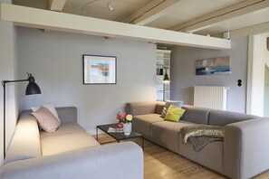 TV, fireplace, books, offices