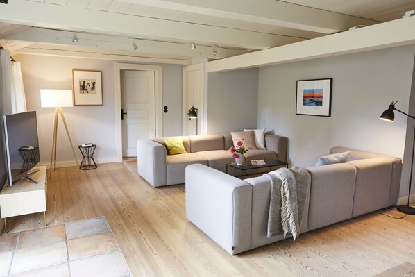 TV, fireplace, books, offices