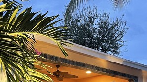 Zona patio ben illuminata con tavolo e sedie, circondata da piante in vaso e un elemento decorativo a parete.