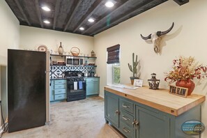 Fridge, microwave, oven, stovetop - Downtown Hideaway-Upper Unit |Private Deck |Shared Patio |100 Year Old Cinder Block Building|Main St (Lake Geneva)