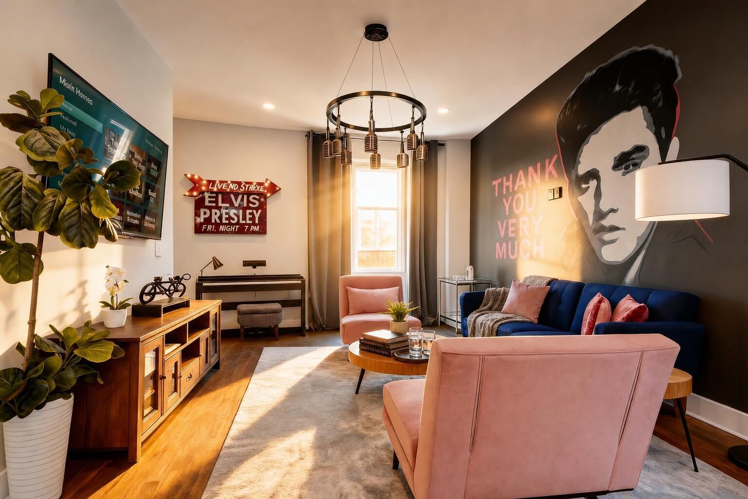 A modern living room with a sofa, armchair, and a coffee table. There is a TV mounted on the wall, a chandelier, and a large poster of Elvis Presley.