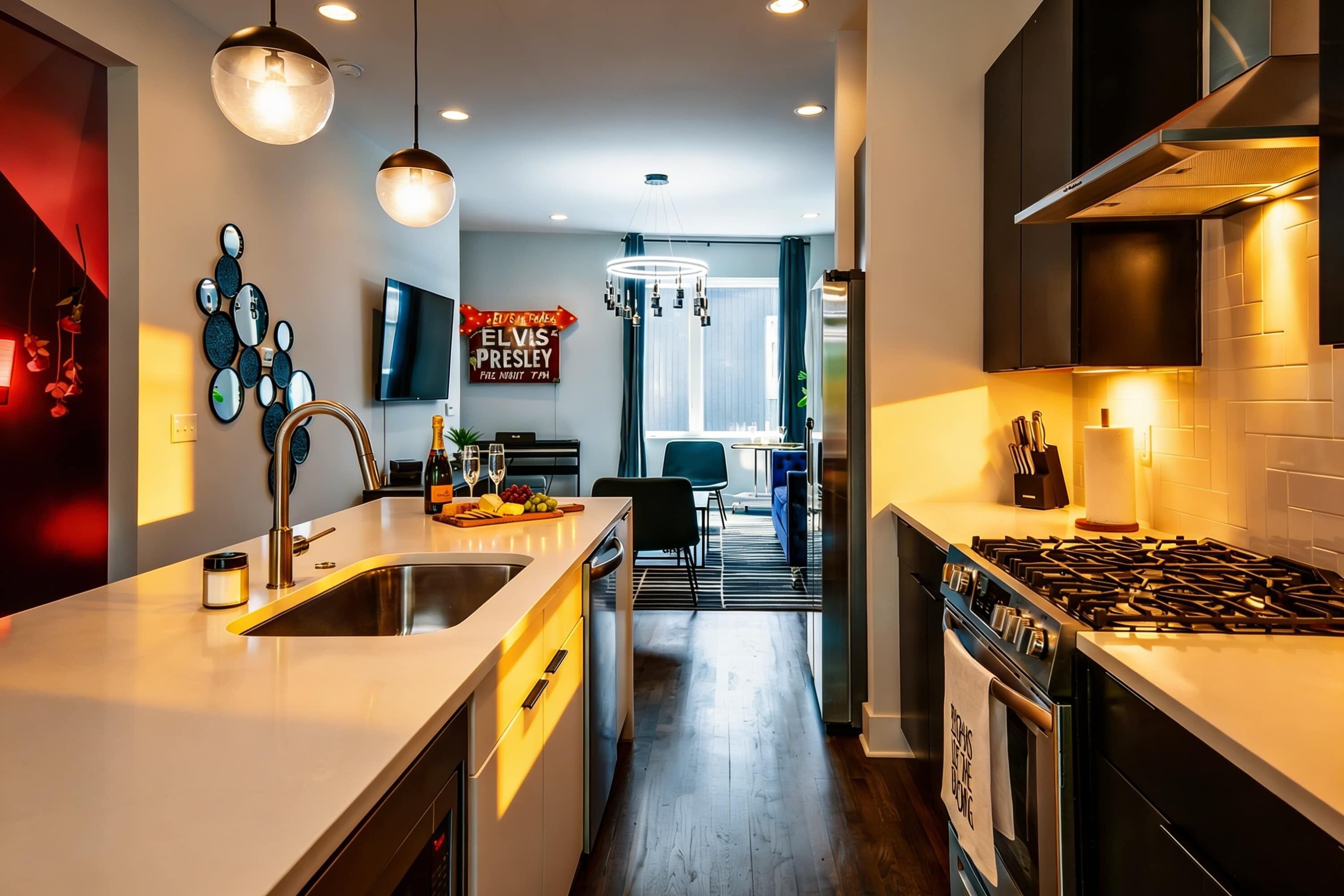 A modern kitchen with a central island, a built-in oven, and a stove. There is a dining area with a TV and a sign reading 'ELVIS PRESLEY'.