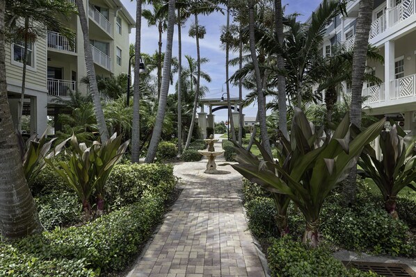 A pathway flanked by palm trees and a fountain, leading to a building with balconies.