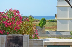A view of a coastal area with a white building, a garden with pink flowers, and a clear view of the sea. - Giglio House - The Maldives of Salento - Pescoluse (Marina di Pescoluse)