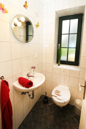 Ein Badezimmer mit einem weißen Waschbecken, einer Toilette, einem Spiegel und einem Fenster mit Blick.