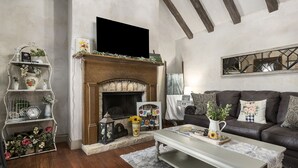 A cozy living room with a fireplace, a bookshelf, a coffee table, and a sofa. - Wildflower Cottage/PERFECT LOCATION!!/Walk to Main/Marktplatz!! (Fredericksburg)