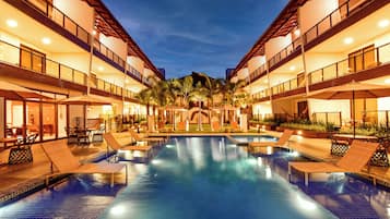 Outdoor pool, pool umbrellas, pool loungers