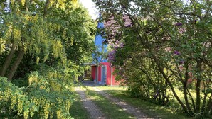 A pathway leading to a building with a red and blue facade, surrounded by lush greenery and flowering trees. - Large, cozy vacation home in a quiet location (Groß Mohrdorf / Hohendorf)