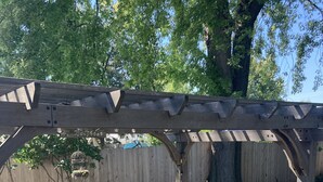 A patio with a wooden pergola, a table, and chairs. There is a potted plant and a bird feeder visible. - Charming house on Beautiful Doty Island (Neenah)