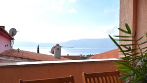 A balcony with a view of the sea, a small building with a satellite dish, and a potted plant. - Holiday apartment with sea view (Pinezići/Krk)
