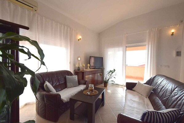 A living room with two leather sofas, a coffee table, a TV, and a potted plant.