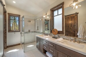 Combined shower/bathtub, hair dryer, towels