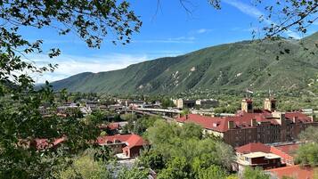 A town with red-roofed buildings, a bridge, and green hills in the background.