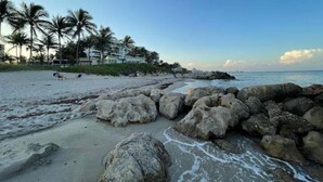 Una playa con grandes rocas al frente, palmeras y un edificio en el fondo.
