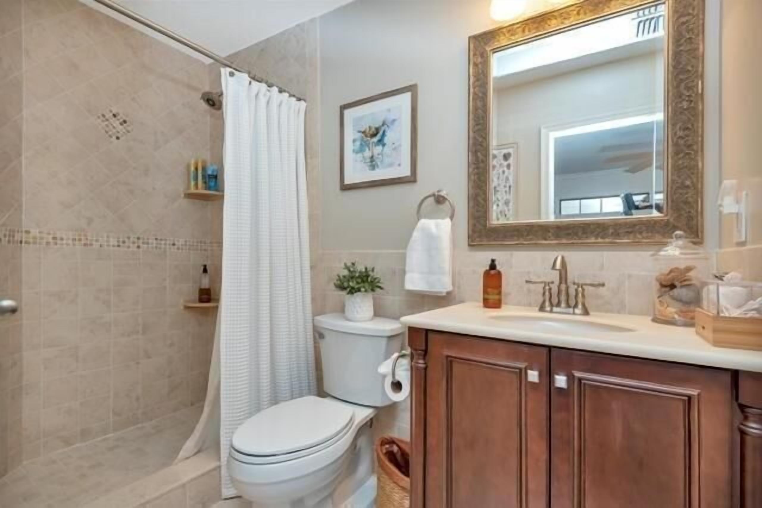 A bathroom with a shower, toilet, vanity, and a large mirror.