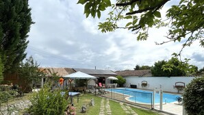 A backyard with a swimming pool, a covered patio, and a garden area.