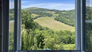 A view through a window of a landscape with rolling hills, dense forests, and a clear sky. - PHORDOY 3 - BARCUS - Gîte (BARCUS)