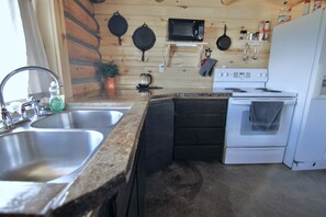 Fridge, oven, stovetop, cookware/dishes/utensils