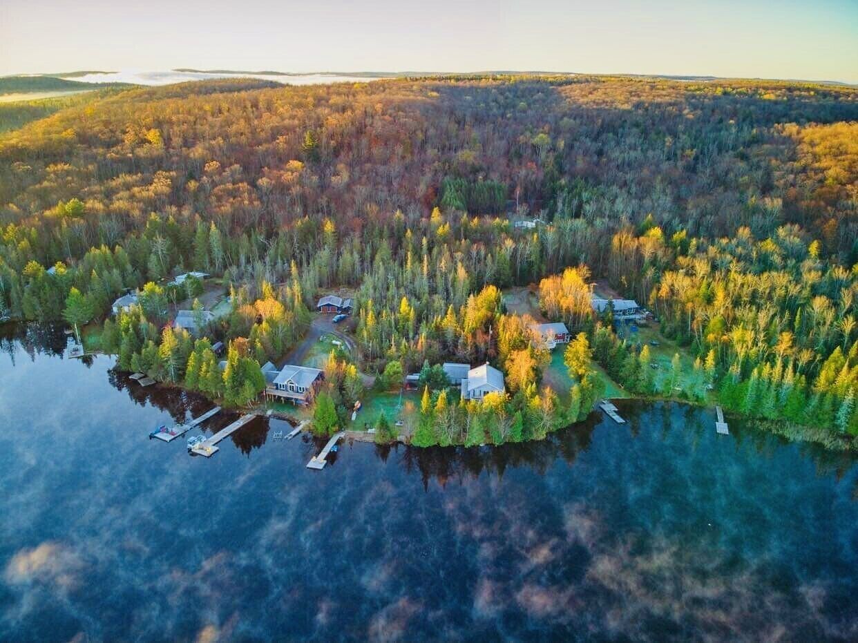 An aerial view of a lakeside property with multiple houses, docks, and dense forest.