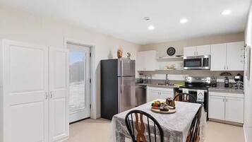 Fridge, microwave, coffee/tea maker, toaster