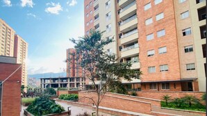 A high-rise residential building with multiple balconies, a landscaped courtyard with a tree, and a brick pathway.
