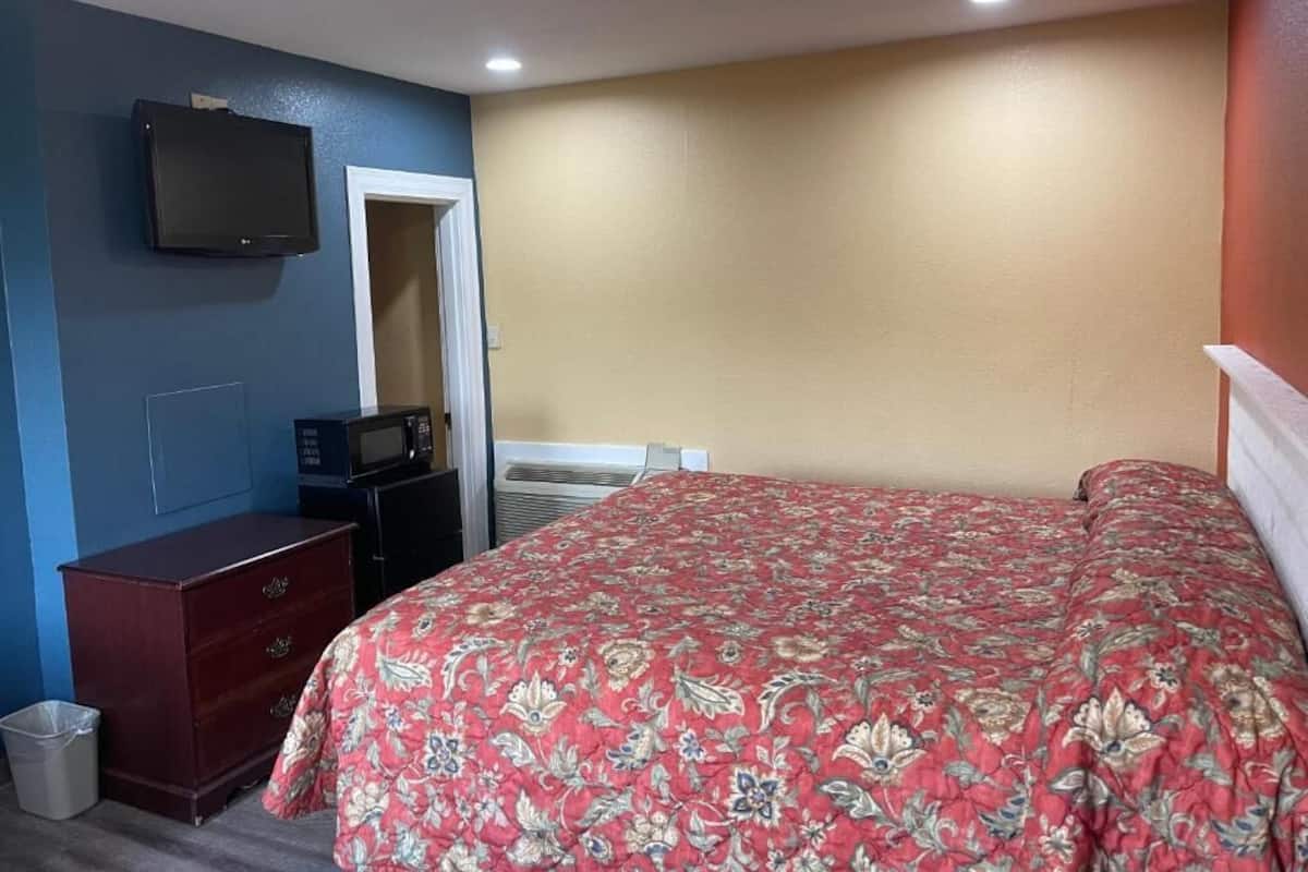 Un dormitorio con cama, cómoda, televisor y microondas.