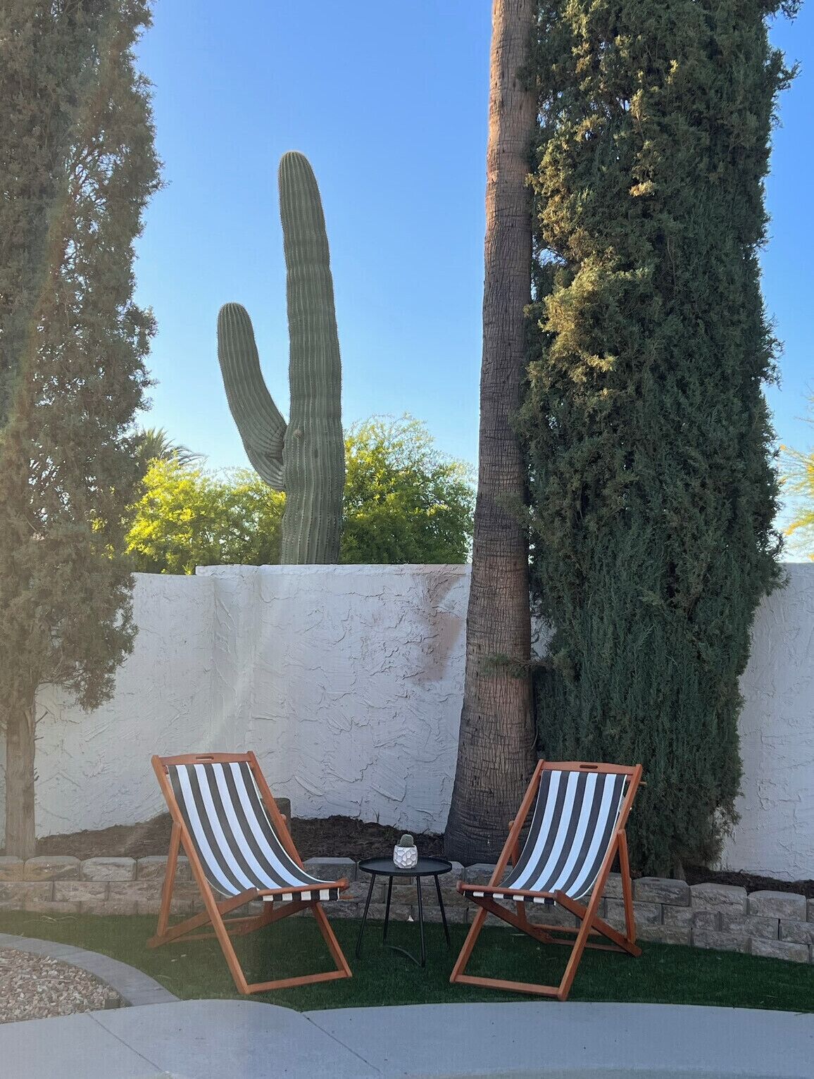 A patio area with two striped lounge chairs and a small round table, surrounded by a white wall and a tall cactus.
