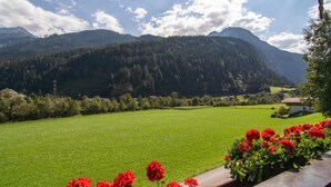 A view of a green field with mountains in the background and red flowers in the foreground. - Group house with garden close to ski resort (Finkenberg)