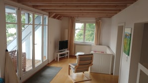 A room with a TV, a chair, a radiator, and a window with curtains. - Vacation apartment for 3 on a hillside with a dream view of the lake (Öhningen)